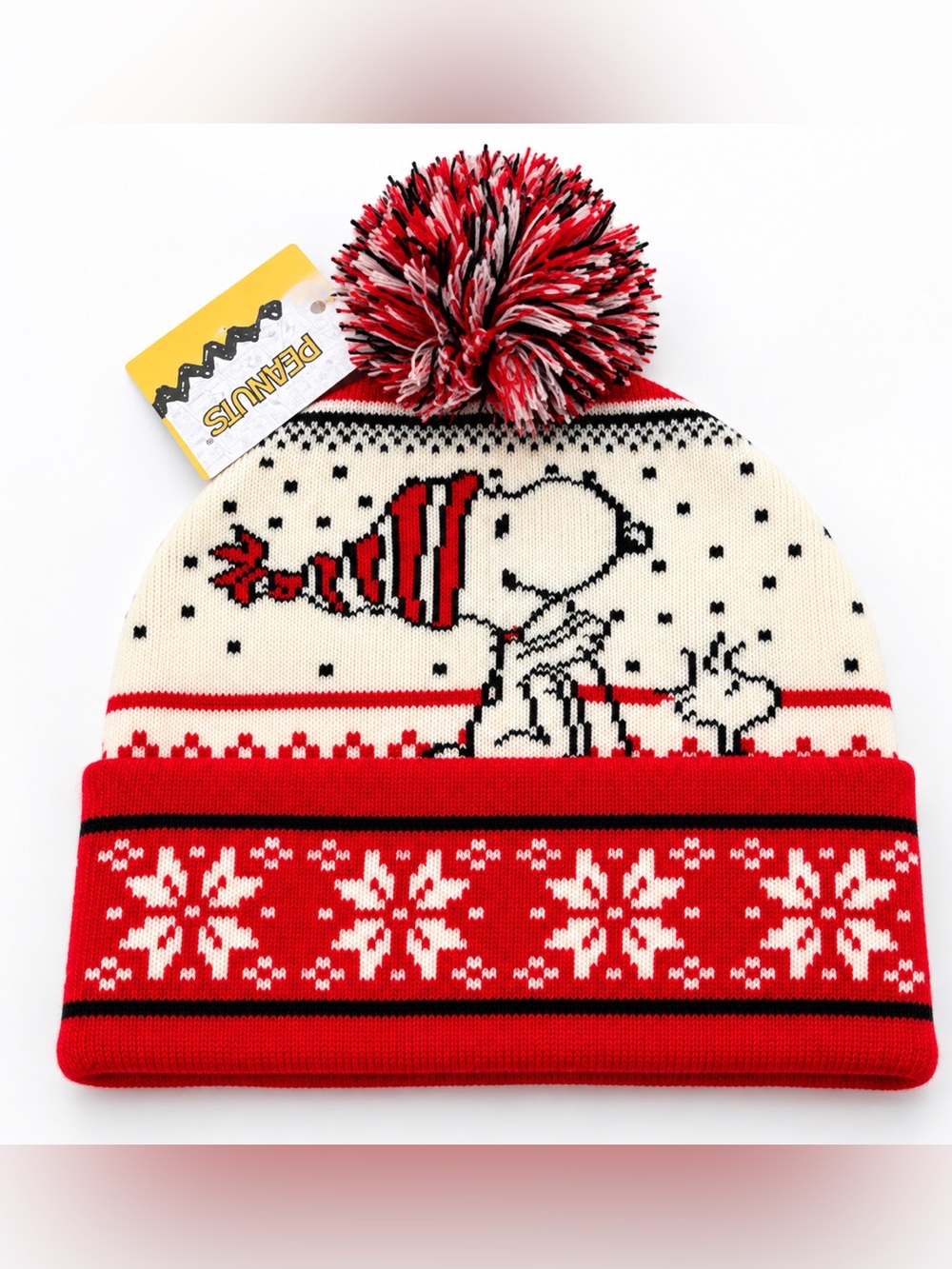 Peanuts Snoopy Woodstock Christmas Fair Isle Pom Pom Beanie NWT